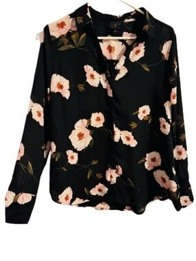 Semi-Sheer Black Blouse w/Pink Blossoms sz M Long Sleeve V-Neck Floral